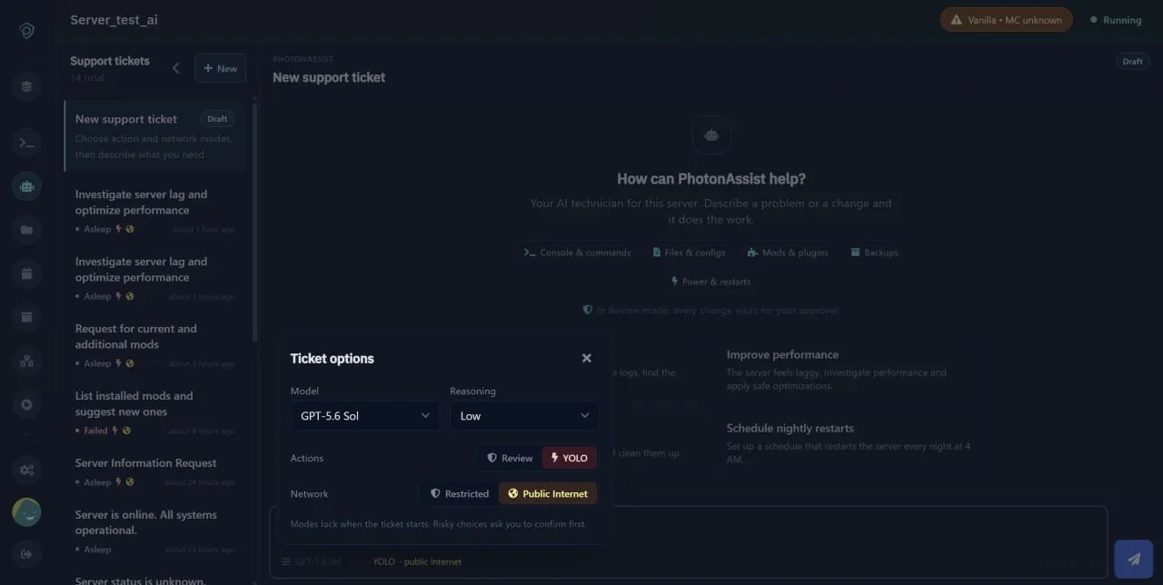 PhotonAssist ticket options for model, reasoning, approval mode, and network policy