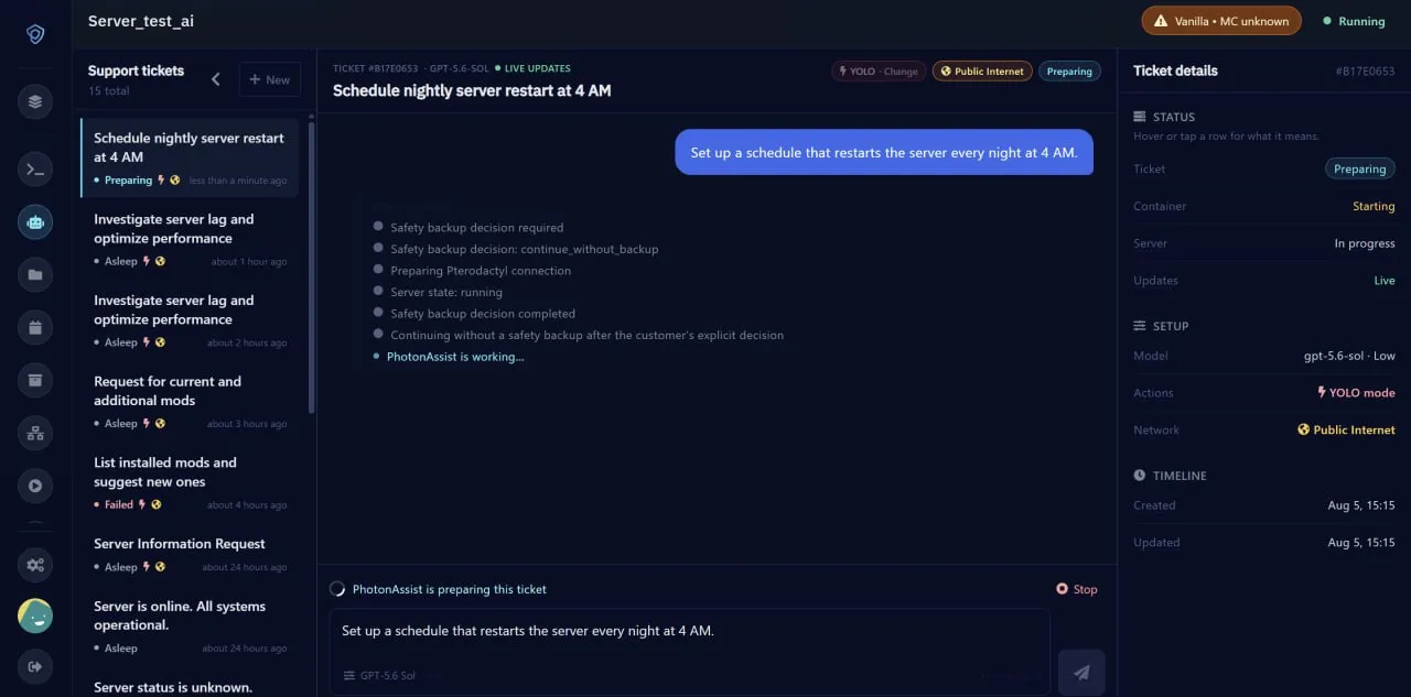 PhotonAssist preparing an isolated ticket after the customer chooses to continue without a backup