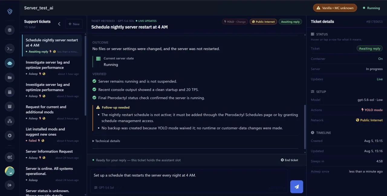 PhotonAssist final report verifying server health and explaining an unavailable scheduling capability