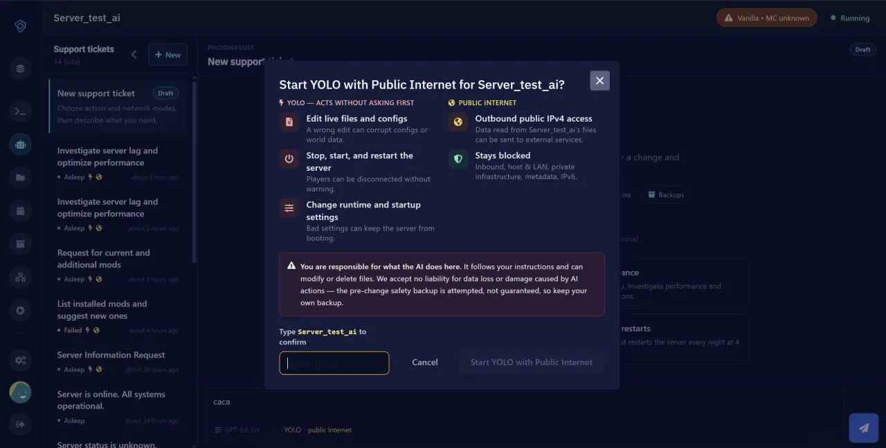 PhotonAssist YOLO confirmation explaining mutation permissions, public networking, and safety responsibilities